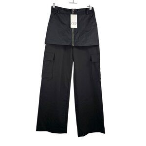 Zara high waist skirt over trousers satin black goth retro baggy 90s Y2K sz XS